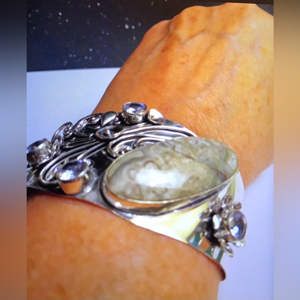 Lace Agate Blue Topaz 925 Sterling Silver Cuff Bracelet